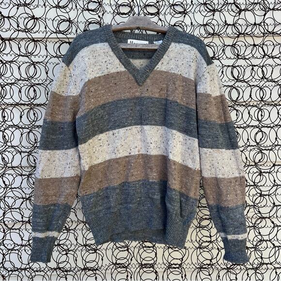Vintage Mount Pleasant granola crunchy earthtone stripe nub knit V-neck sweater - Picture 1 of 5